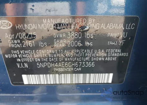 2016 Hyundai Elantra Se z USA, uszkodzony, nr VIN 5NPDH4AE6GH673366